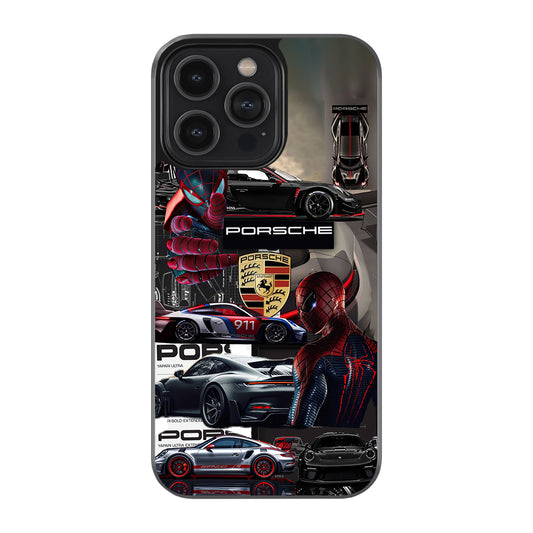 A protective phone case featuring a collage of Spider-Man and Porsche designs, including Spider-Man in a red and blue suit, a black Porsche 911, the Porsche crest, and the word 'PORSCHE' on a white background.