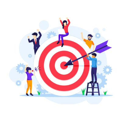 Illustration of people working together to hit a target with an arrow, surrounded by gears.